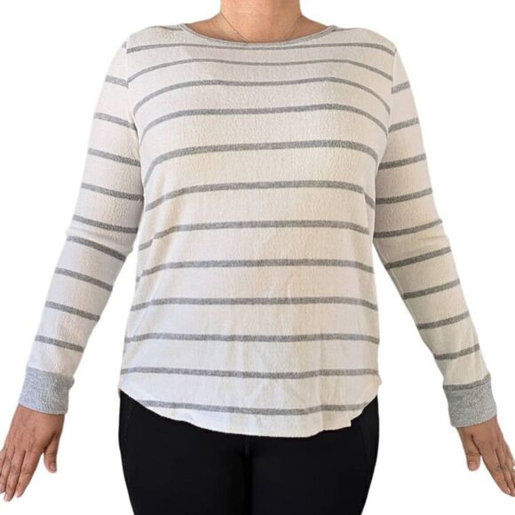 Pink Clover White Gray Striped Flannel Sweater Top Pullover Crew Neck Size L - Picture 4 of 9